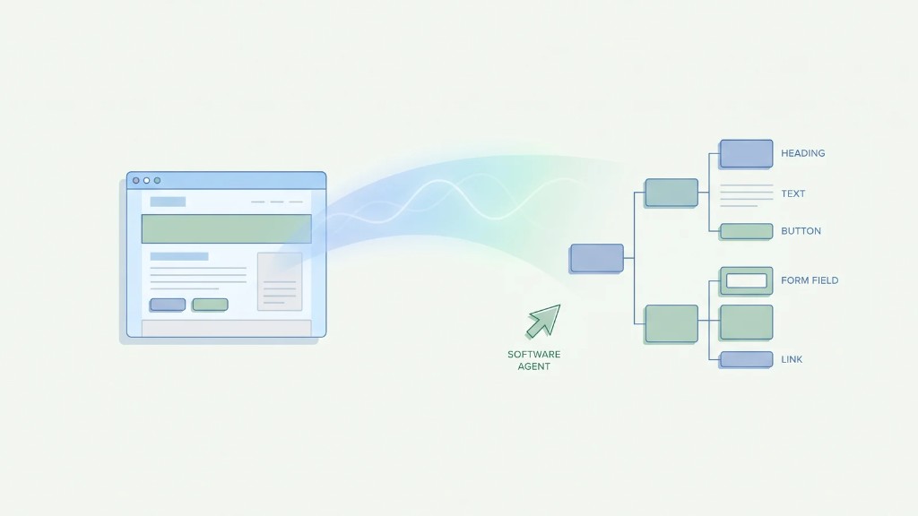 An AI agent reads the page structure: headings, buttons, form fields, and links