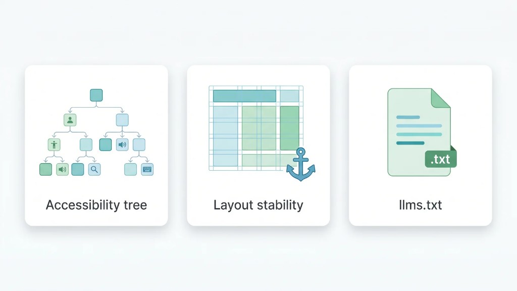 The three default Agentic Browsing checks: accessibility tree, layout stability, and llms.txt
