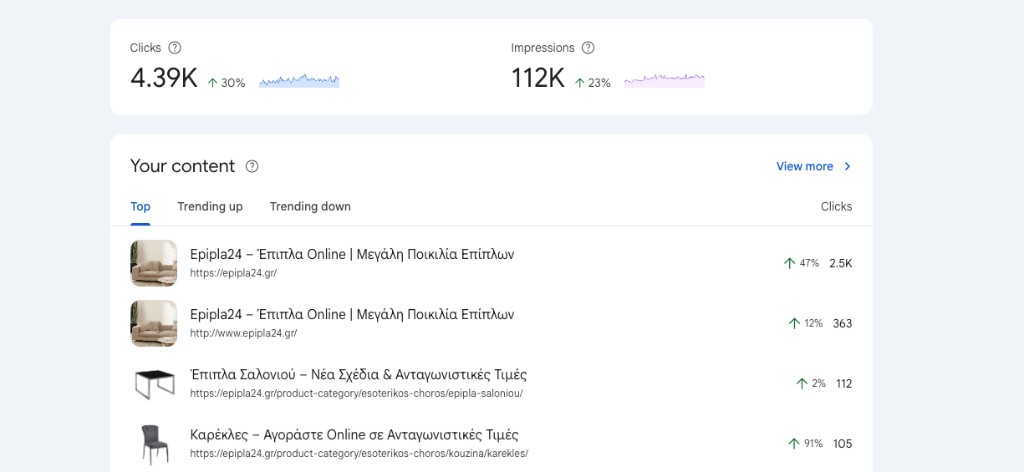 Google Search Console, 30% click increase and 23% impression increase for Epipla24